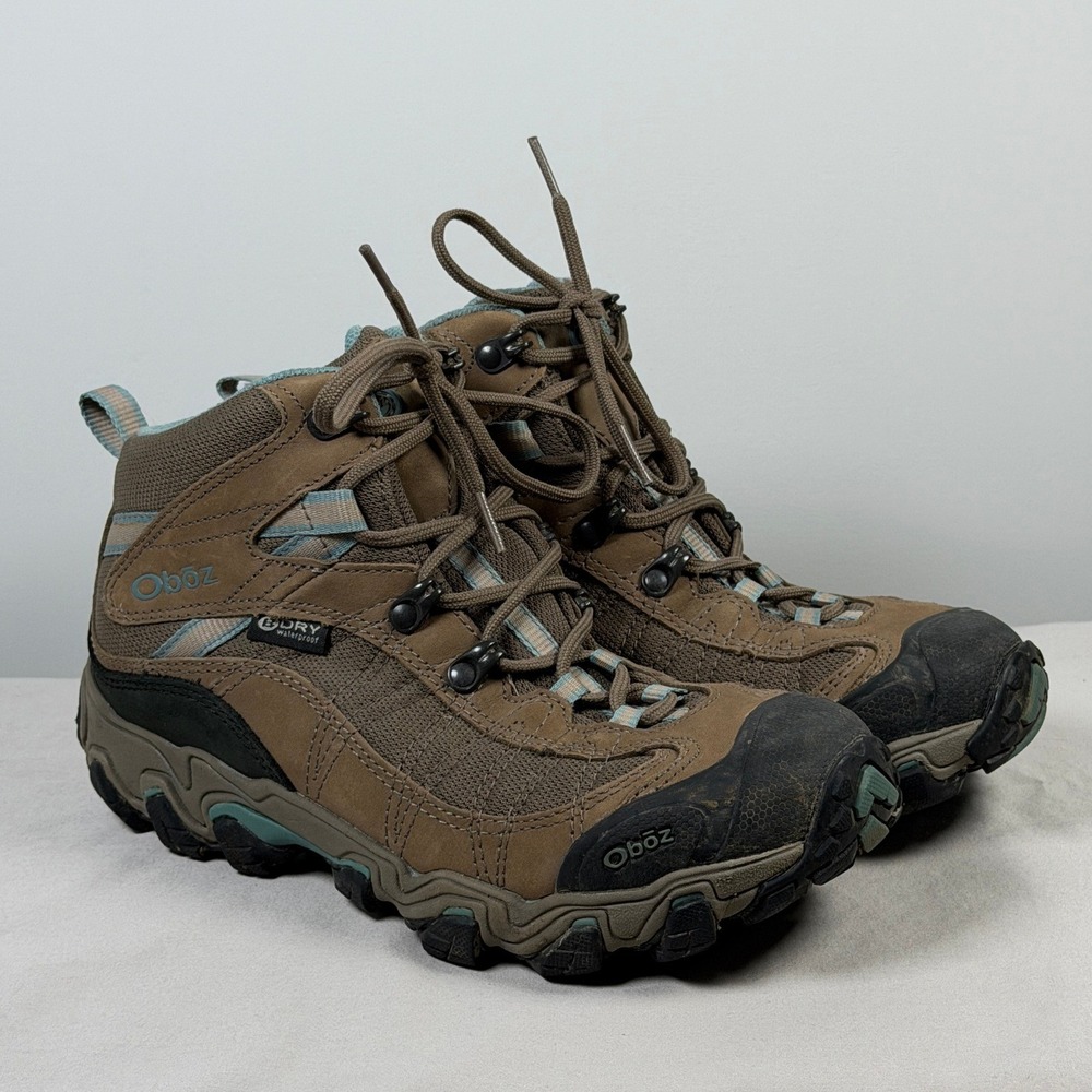 Oboz Bridger Mid B-DRY Waterproof Hiking Trail Boots Brown Teal Womens Size 8